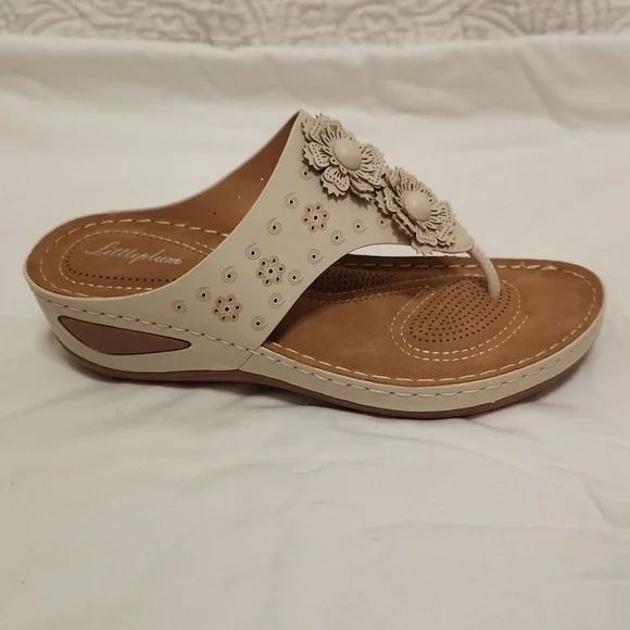 New!Light beige flower wedge flip flop arch support thong sandal off white ivory - Picture 2 of 11